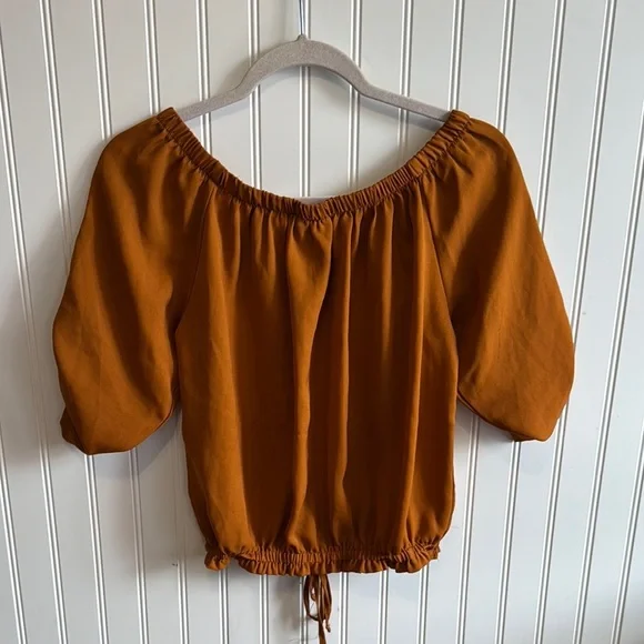 Orange Puff Sleeve Crop Blouse with Tie Front - Picture 2 of 5
